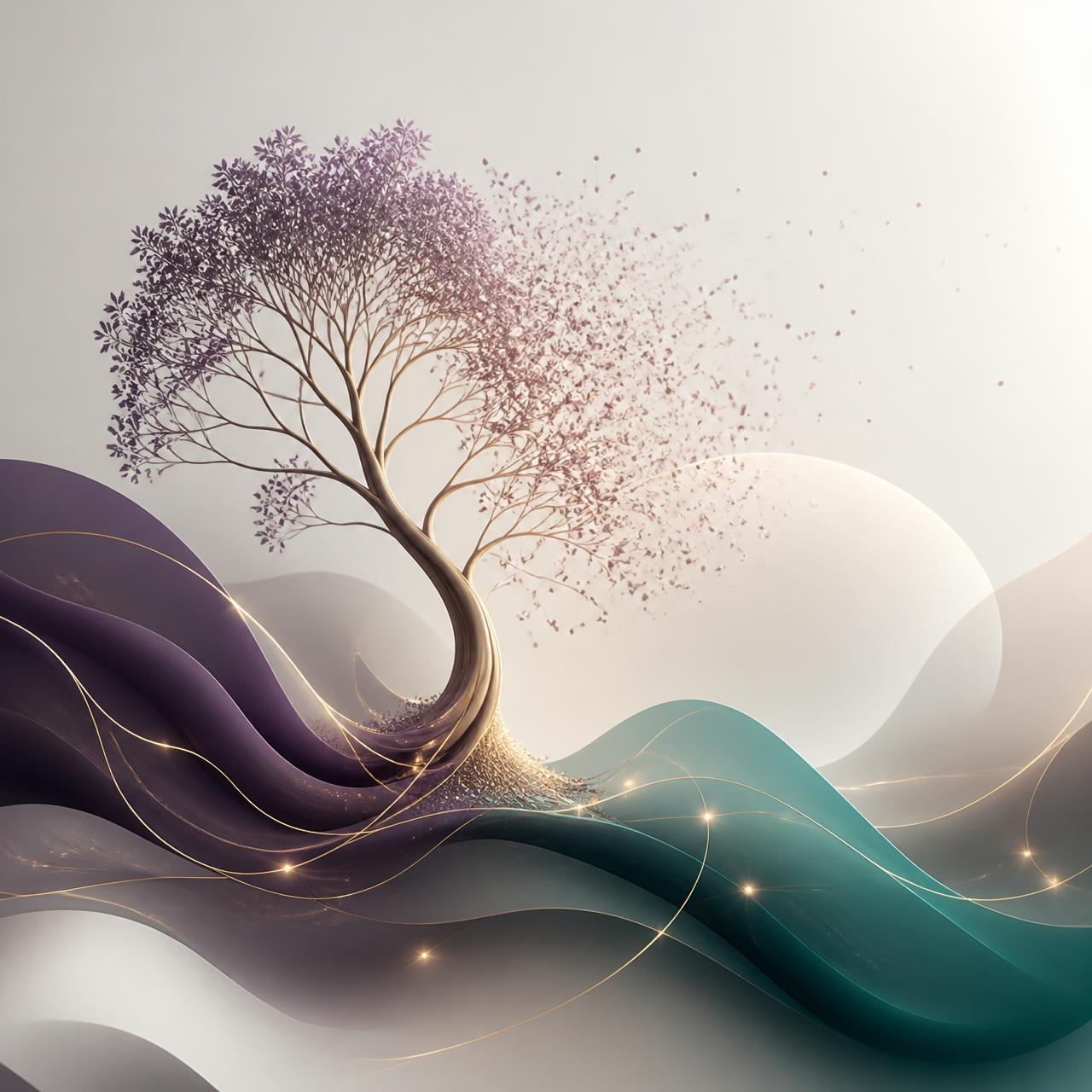 Abstract illustration of a tree dissolving into light, representing human potential